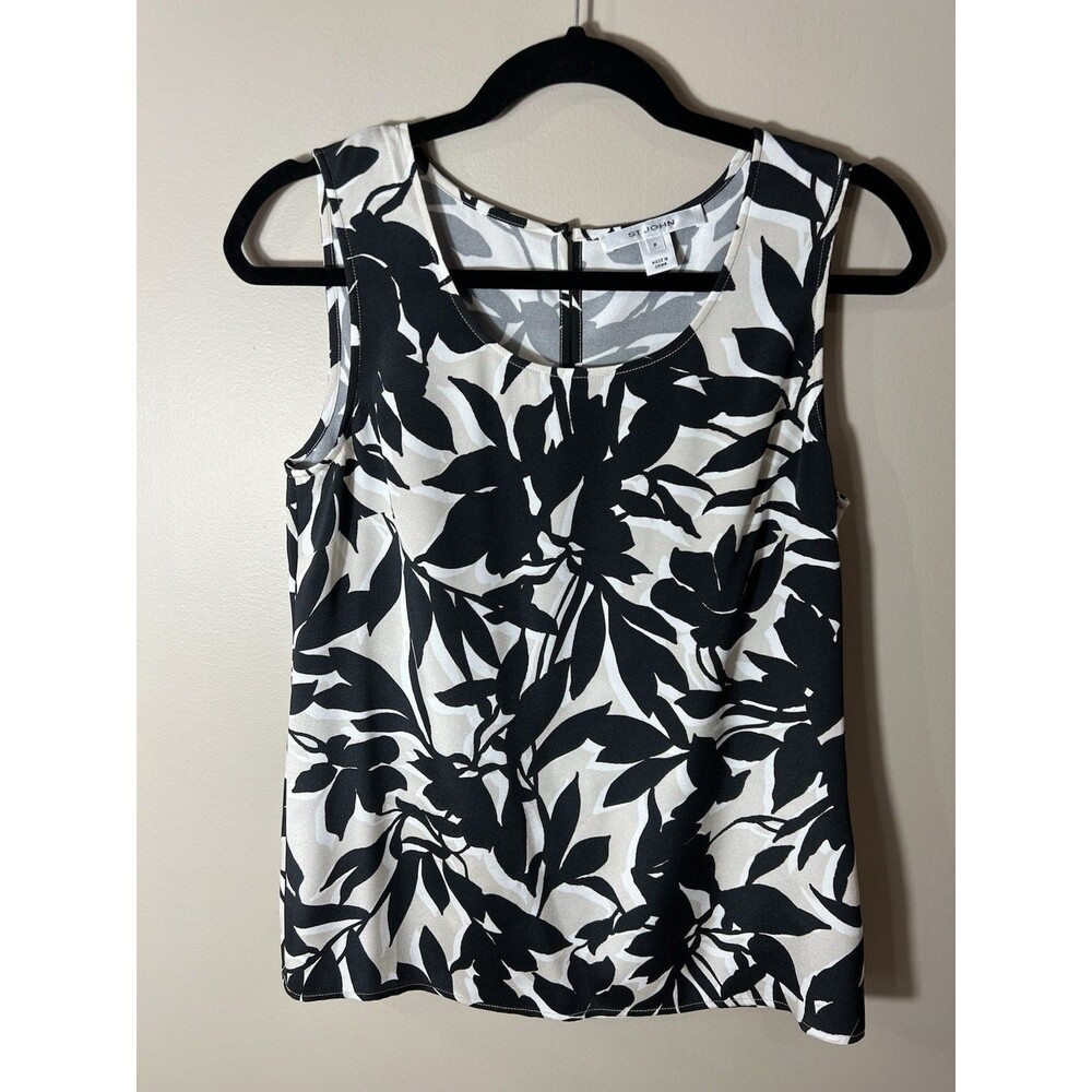 St. John Silk Floral Sleeveless Blouse Black White Tan Size Small Petite